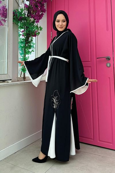 Bym Fashion Black Embroidered Abaya - 7901 Model, Waist Belted and Embroidered