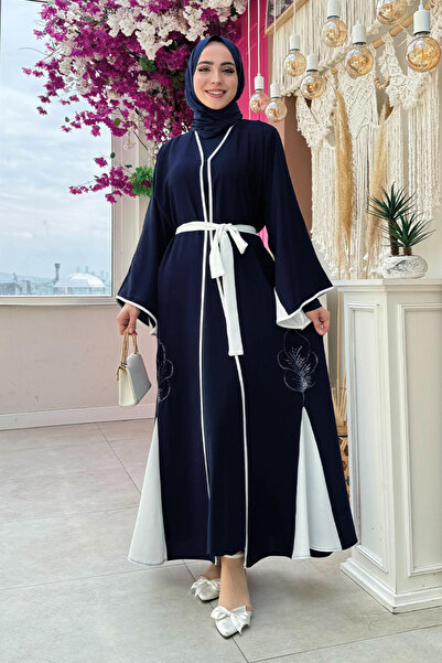 Bym Fashion Navy Blue Abaya - Embroidered and Waist Belted Model 7901