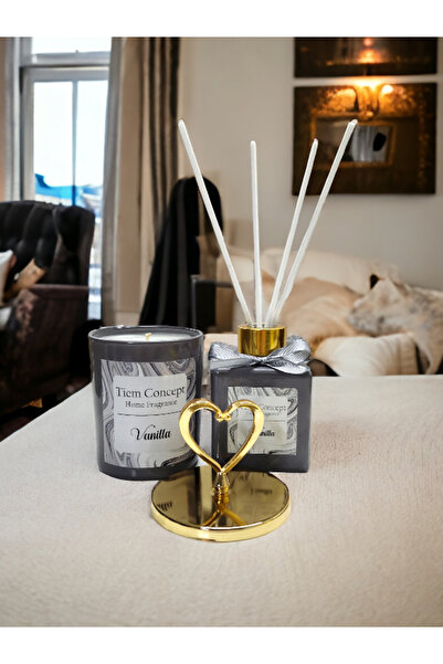 Tiem Concept Kalp Gold Başlıklı Vanilya Kokulu Gri Bardak Mum Ve Çubuklu Oda Kokusu Seti 100 ml