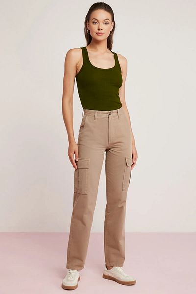 VODENS Women's Khaki Ribbed Looking Thick Strap Basic Singlet