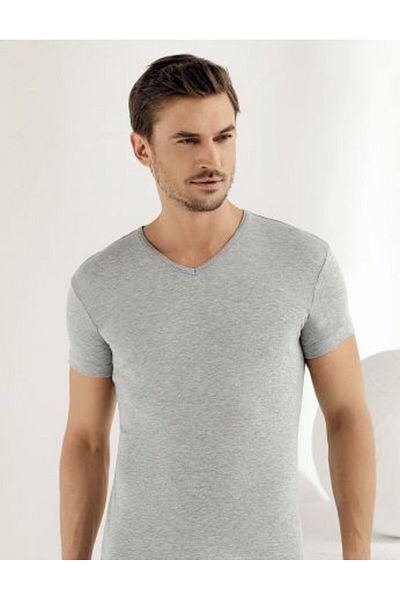 Şahinler Men's Gray Short Sleeve V Neck Ribbed Singlet ME026