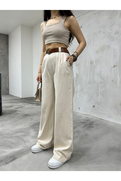 BİKELİFE Women's Waist Belt Detailed High Waist Loose Fit Pants