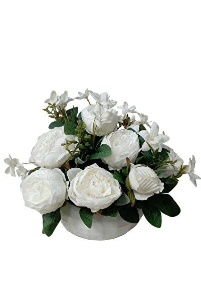 Cennet Home İncili şakayık aranjmanı beyaz lüks mika saksıda masaüstü dekorat...