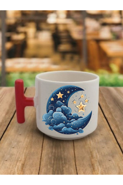 lili hediyelik Blue Moon and Yellow Star Printed Mug Cup - Ceramic Tea, Coffe...
