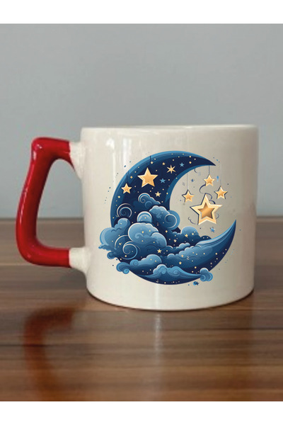 lili hediyelik Red Mug Cup with Blue Moon and Yellow Star Print - Ceramic Tea...