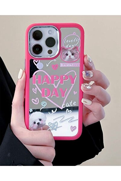 MİRAZ TASARIM حافظة آيفون 13 بروماكس ميكا مرآة فوشيا منقوشة