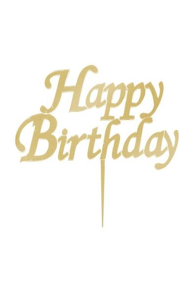digitalmagnet Altın Rengi Happy Birthday Yazılı Ayna Pleksi Pasta Üstü Süsü