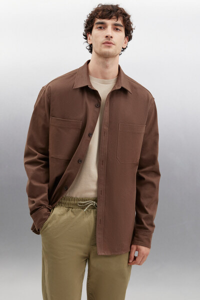 GRIMELANGE Εξωτερικό ανδρικό υφαντό πουκάμισο με χοντρή υφή Bitter Brown με πλυμένες τσέπες