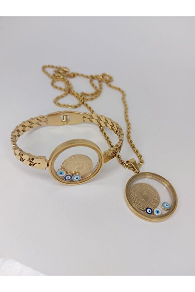 Romea Açılan Çeyrek Koyulan, Cam Çerçeveli Burgu Zincir Kolye & Fanuslu Kelepçe Seti, Takı Seti