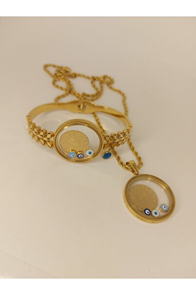 Romea Açılan Çeyrek Koyulan, Cam Çerçeveli Burgu Zincir Kolye & Fanuslu Kelepçe Seti, Takı Seti