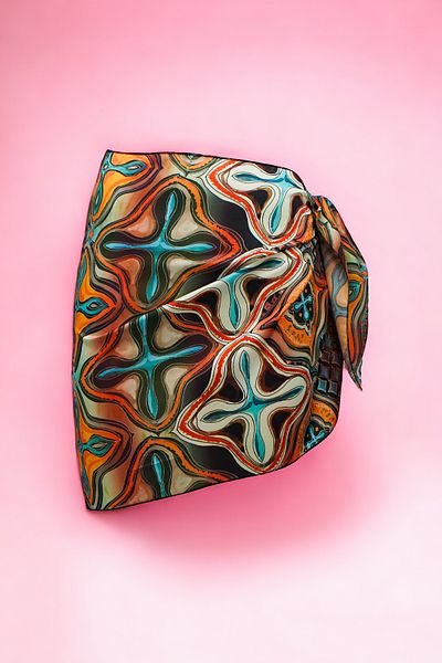 pistore New Season - Orange and Turquoise Geometric Print Satin Women's Beach Dress
