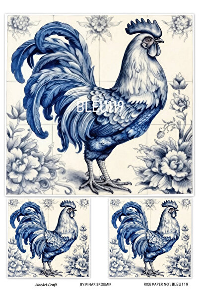 Baykuşca Bleu Serisi BLEU119 Mavi Beyaz, Horoz, Porselen Desenli 30*42 cm Pir...
