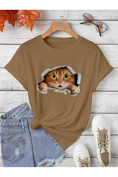 PENTHİLUS surprised cat printed T-shirt plus size