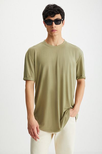 GRIMELANGE Oscar Men's Comfort Fit Long Draped Fabric Khaki T-Shirt
