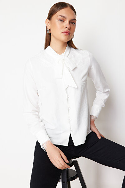 Trendyol Collection Ecru Lace Detailed and Tie-Up Regular Shirt - TWOSS24GO00172