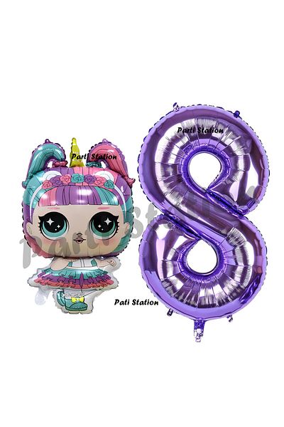 Parti Station Unicorn Baby 8 Years Old Balloon and Purple Number Balloon Birthday Party Set