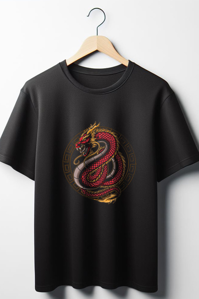 Vordevia Tricou oversize negru unisex - imprimeu dragon, cu guler rotund