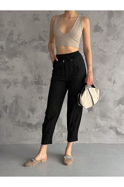 diaves High Waist Linen Summer Trousers - Black