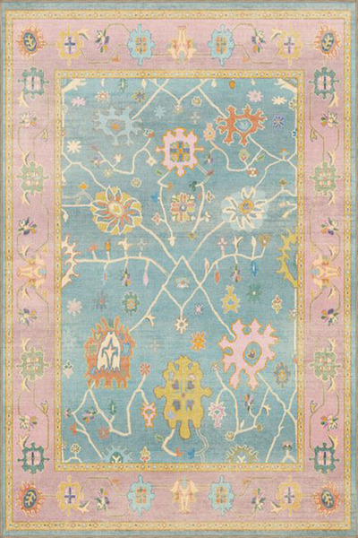 Rugs Modern Halı Pembe Çerçeveli Botanik Desenli Yıkanabilir Dokuma Taban Hal...