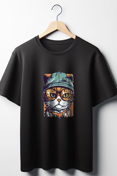 Vordevia Unisex Μαύρο μπλουζάκι Oversize - Cat Printed, Crew Neck