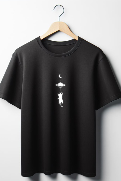 Vordevia Unisex Μαύρο μπλουζάκι Oversize - Cat Printed, Crew Neck
