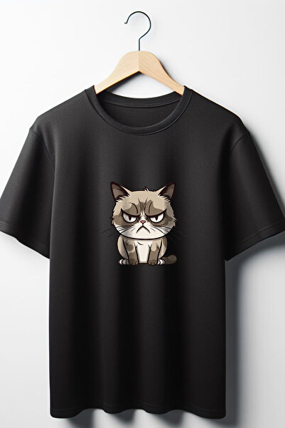 Vordevia تي شيرت أسود كبير الحجم للجنسين - طباعة قطة، رقبة دائرية