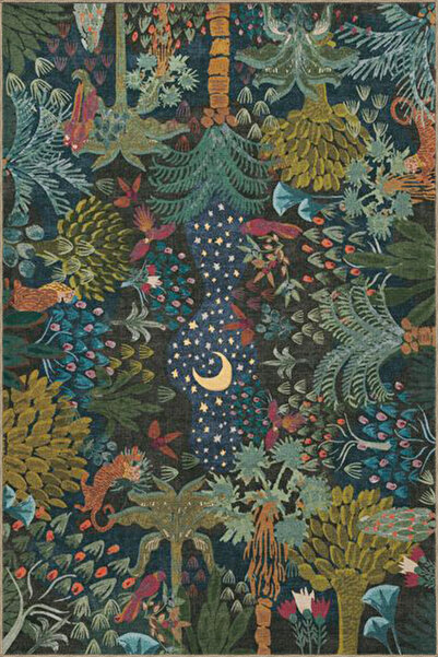 Rugs Modern Halı Gece Temalı Botanik Desenli Yıkanabilir Dokuma Taban Halı mi...
