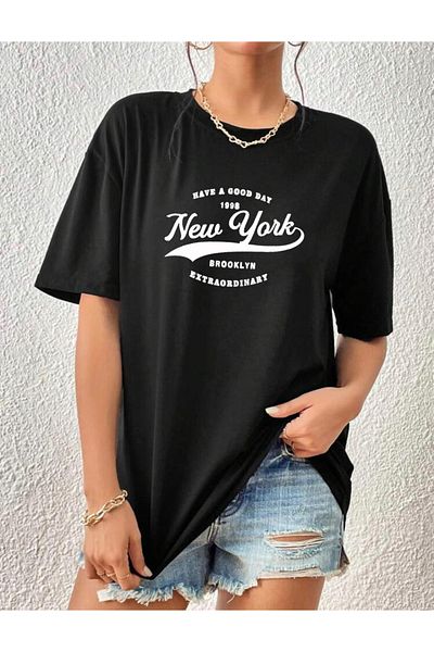 khufu Tricou confortabil negru oversize cu imprimeu New York