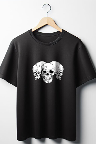 Vordevia Μαύρο μπλουζάκι με στάμπα κρανίου Oversize Wide Fit Unisex Crew Neck