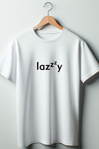 Vordevia Tricou alb unisex cu decolteu rotund oversize cu imprimeu Lazzy