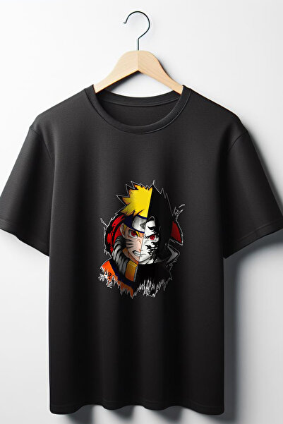 Vordevia Tricou oversize negru cu imprimeu Naruto unisex - decolteu