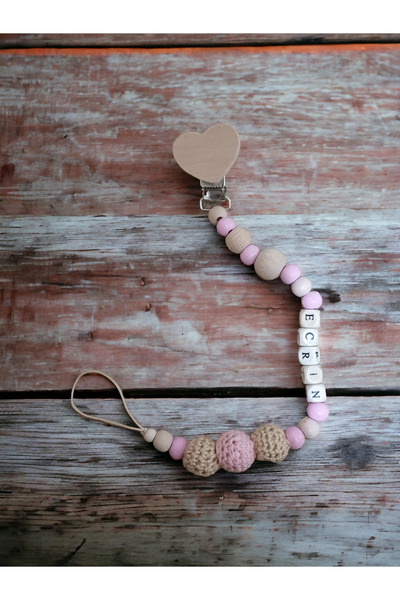 My Kids Room Doğal Ahşap Emzik Zinciri - Isimli Emzik Askısı Ahşap Emzik Zinc...