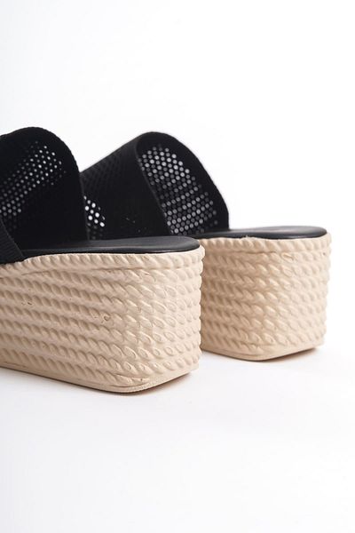 BZ Moda ELINA Wedge Heeled Orthopedic Sole Straw Look Πλεκτά Γυναικείες παντόφλες KT Μαύρο