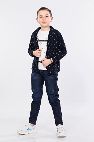 MORNIO Set 3 piese pentru băieți, cămașă cu imprimeu marinar, tricou și panta...