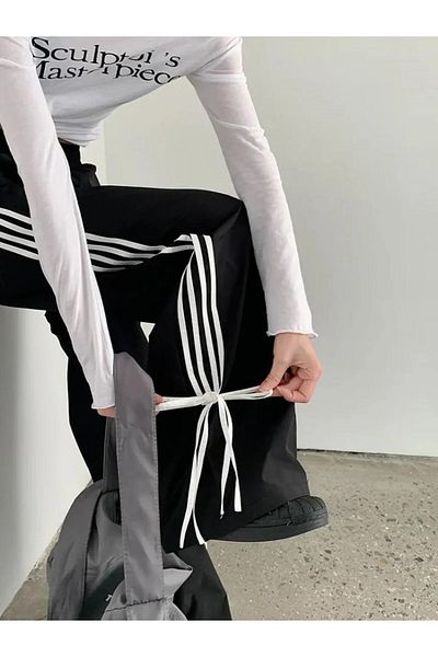 Gofeel Y2k Harajuku Bow Detail Tie-Up Black and White Stripe Sweatpants