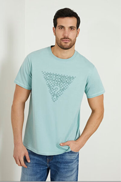 Guess Erkek Guess İşlemeli Üçgen Logolu T-Shirt - Mavi