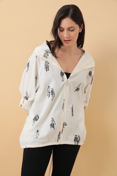 Asist Hooded Zippered Charcoal Printed Loose Jacket - 0400