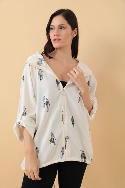 Asist Hooded Zippered Charcoal Printed Loose Jacket - 0400