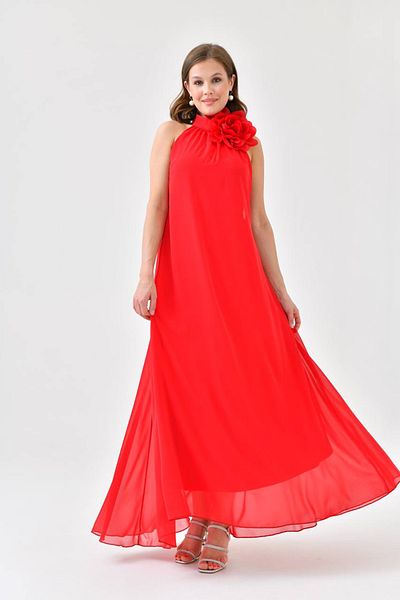 Neşeli Butik women's red chiffon rose detailed long evening dress NBS9351