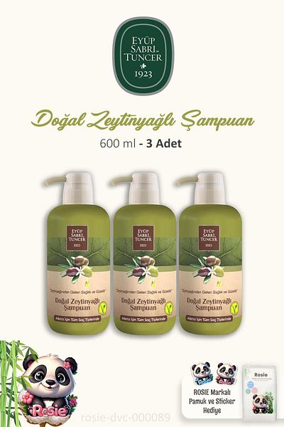 Eyüp Sabri Tuncer Natural Olive Oil 3 Pieces Shampoo - 600 ml ROSIE Cotton 60 pcs