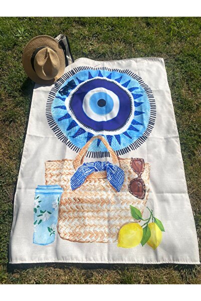 Favor Nazar Boncuklu Hasır Şapkalı  (102)  Pareo ,Plaj Ve Piknik Örtüsü ( hav...