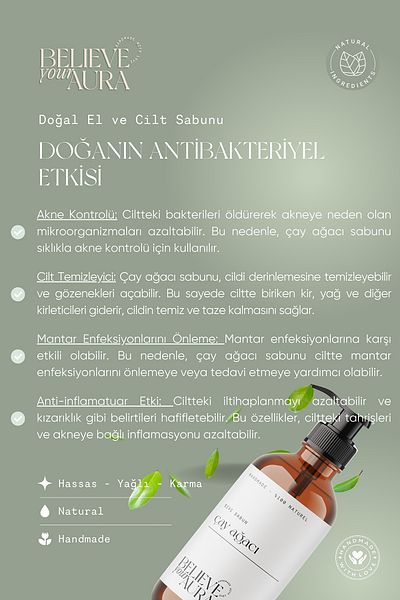 Believe Your Aura Natural Hand and Skin Liquid Soap with Tea Tree Plant Extract - Vitamin E Aloe Vera Shea Butter - 500 ml