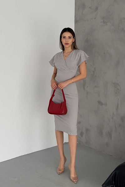 Neşeli Butik γυναικείο γκρι μαργαριτάρι λικράλ φόρεμα με λεπτομέρειες NBK2100