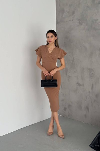Neşeli Butik γυναικείο μπεζ μαργαριτάρι λικράλ φόρεμα με λεπτομέρειες NBK2100