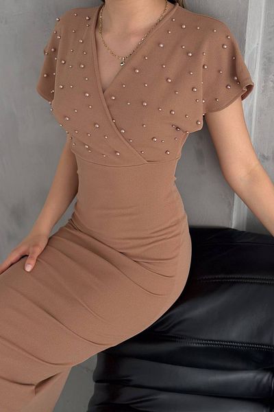 Neşeli Butik γυναικείο μπεζ μαργαριτάρι λικράλ φόρεμα με λεπτομέρειες NBK2100