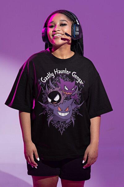 Fuddy Moda Unisex Oversize Gengar Baskılı Tişört, Erkek-Kadın Pokemon Baskılı T-Shirt