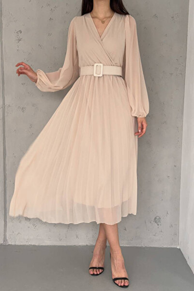 Neşeli Butik γυναικείο πλισέ φόρεμα σιφόν με διπλό γιακά με ζώνη NBK2113