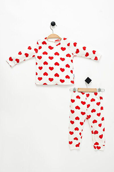 NEU KIDS Kız Çocuk Kırmızı Kalp Uzun Kollu %100 Pamuklu Pijama Takımı 1-4 Yaş