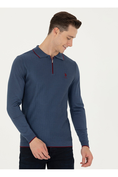 U.S. Polo Assn. U.S. Polo Assn. Ανδρικό πουλόβερ με φερμουάρ και γιακά, σε στ...