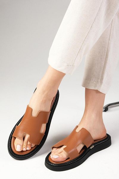 Mio Gusto Genuine Leather Taba Color Oval Nose Flat Women's Slippers